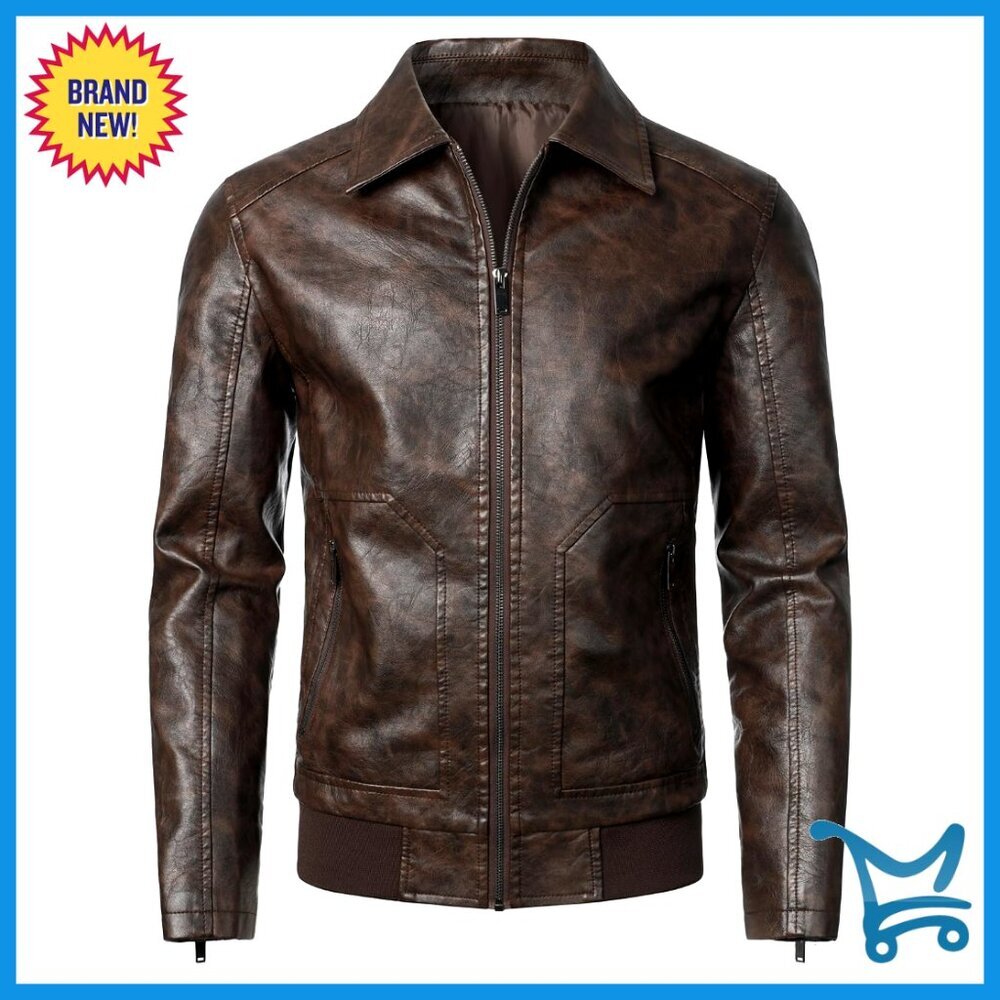Men's Faux Leather Bomber Jacket Motorcycle Style Lightweight